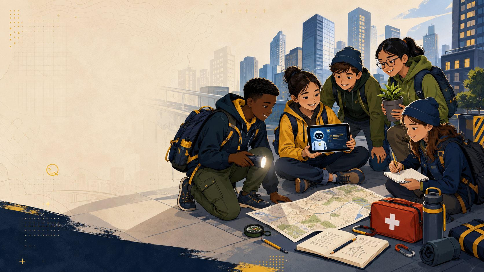 Diverse children exploring maps, first aid, urban nature and a friendly AI learning guide